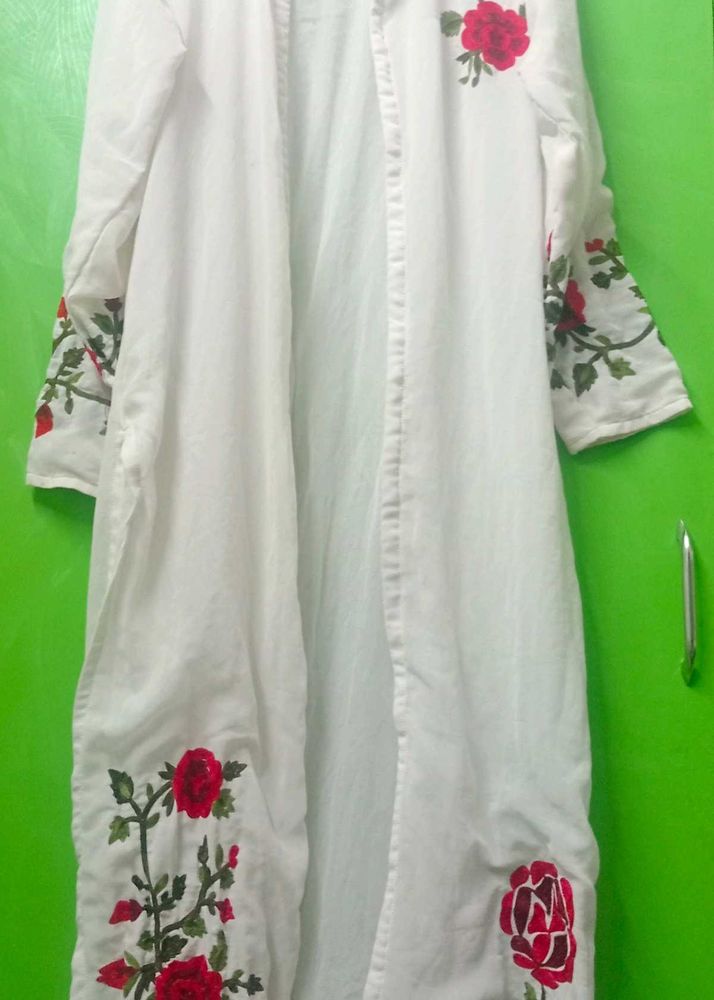 White Embroidered Floral sleeveless gown with shru