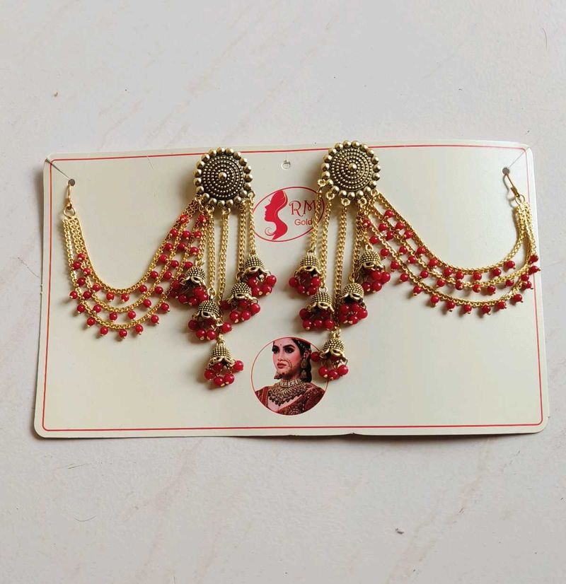 Gold &amp; Red Jhumka Ear Chain Earrings