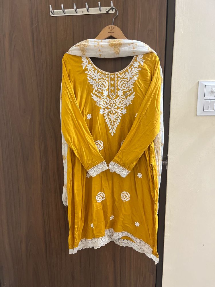 Yellow Kurta Set with White Dupatta