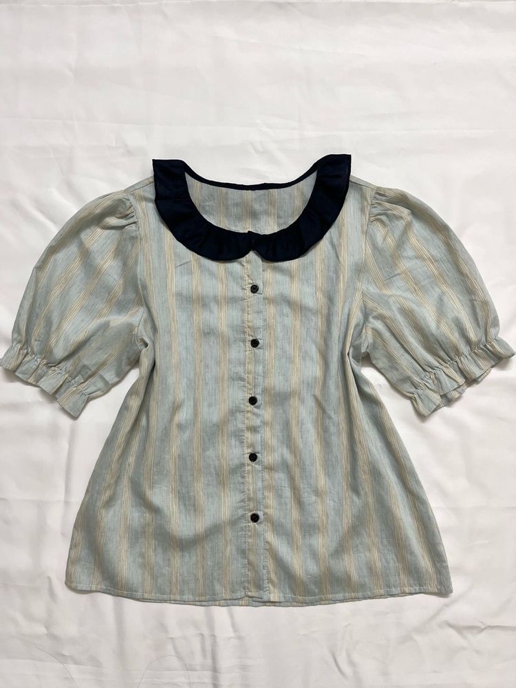 Striped Peter Pan Collar Puff Sleeve Top