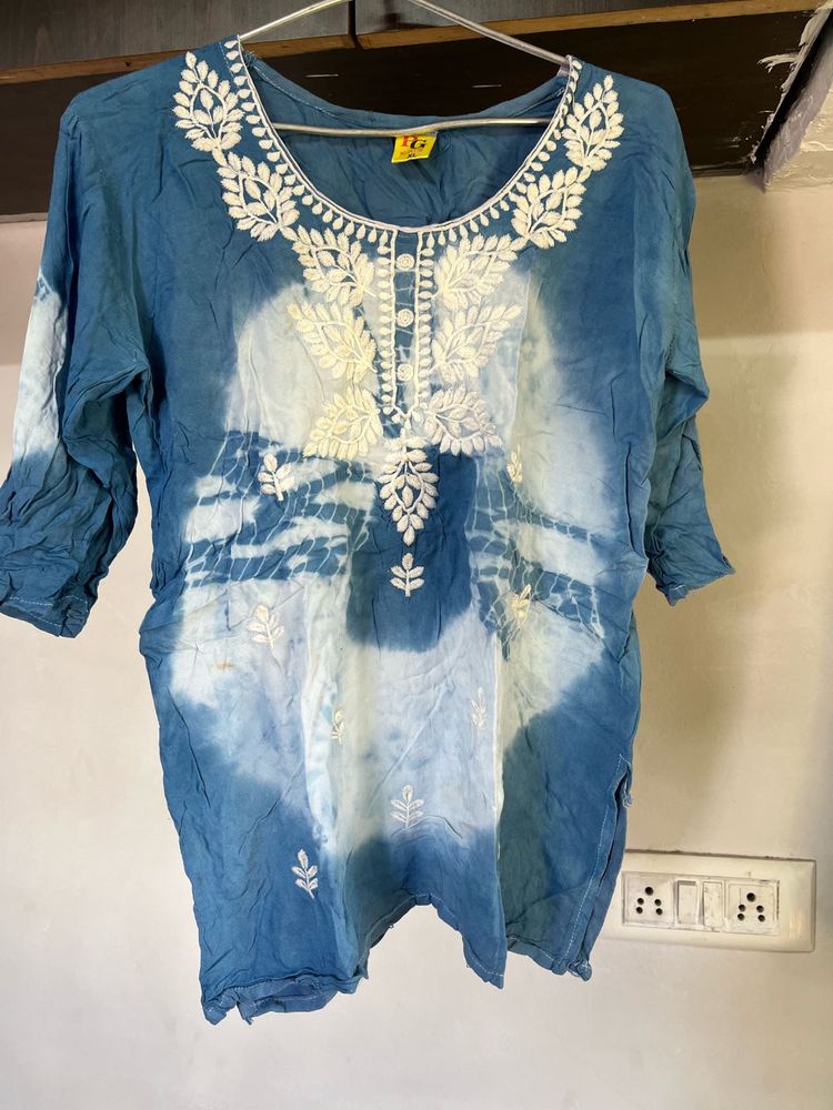 Embroidered Blue &amp; White Kurti Top