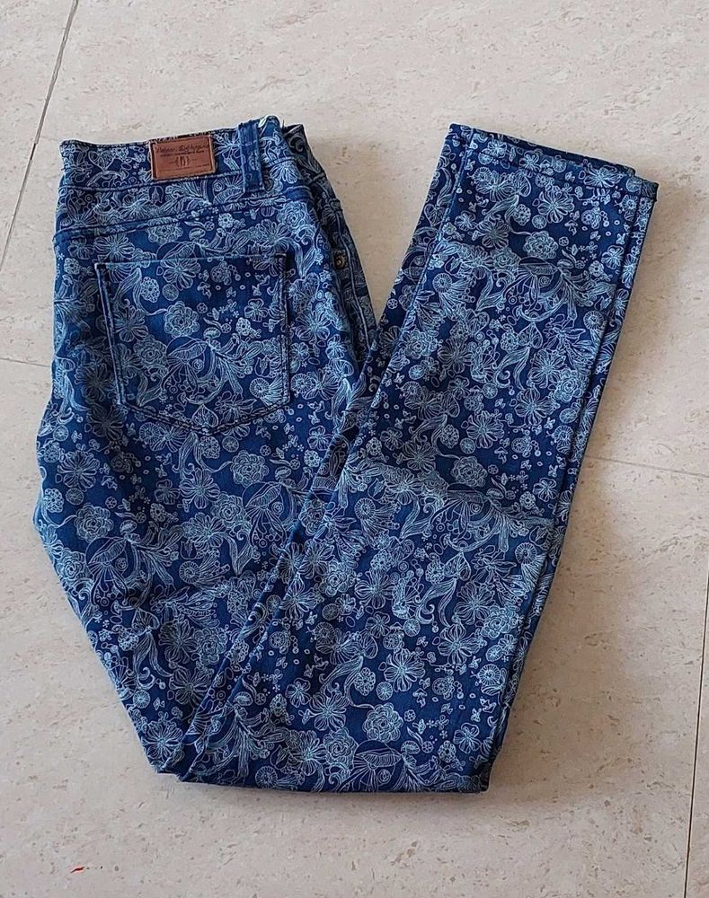Coral Print Beautiful Blue Jeans
