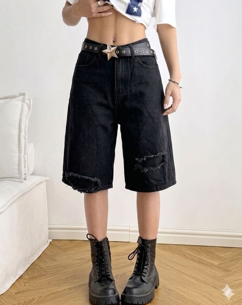 Distressed Black Denim Bermuda Shorts