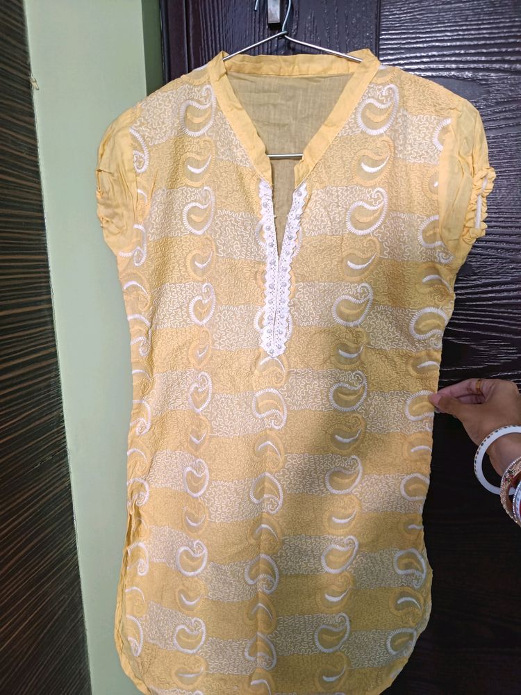 Lemon Yellow Embroidered Short Kurti