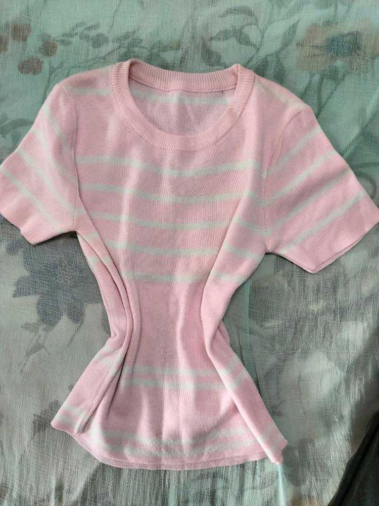 Pink &amp; White Striped Knit Top