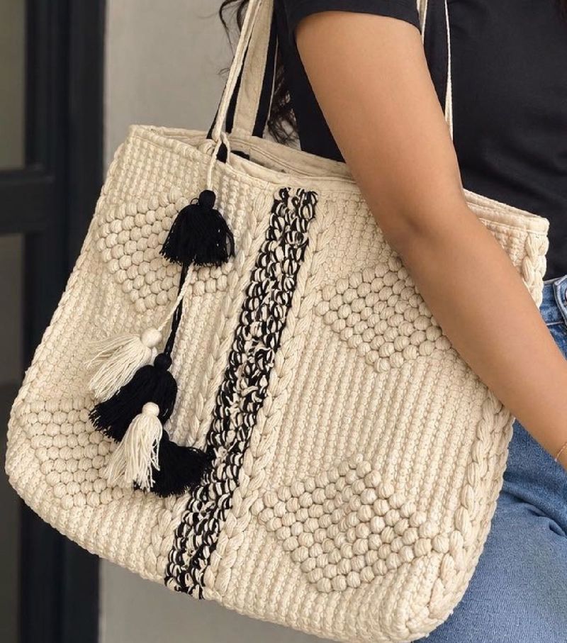 Boho Textured Tote Bag with Tassels