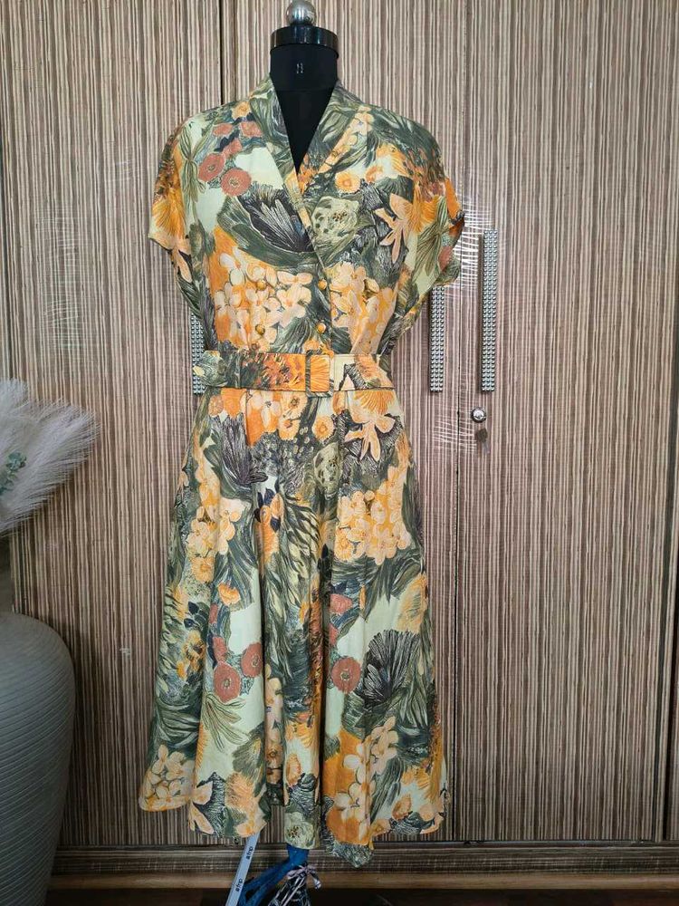 Vibrant Floral Print Dress with Belt