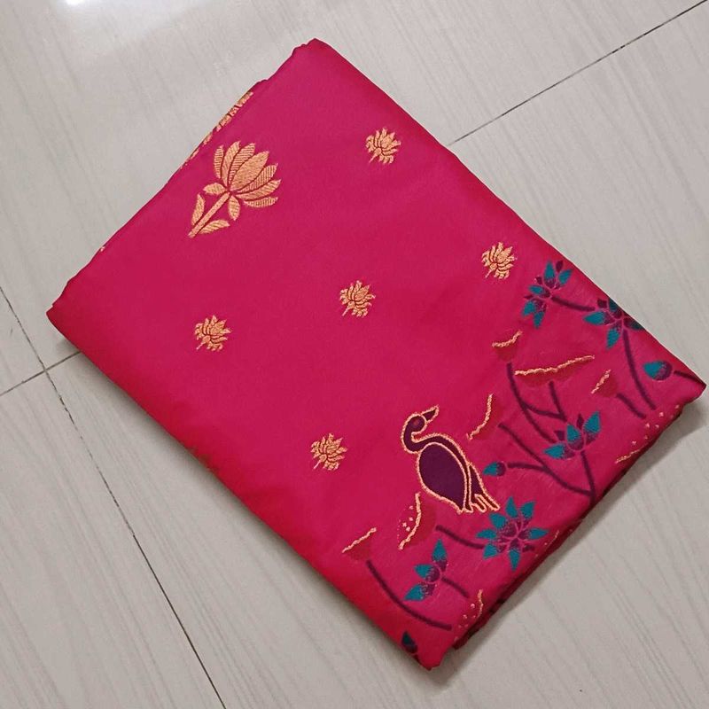 78)Pink Fabric with Bird Embroidery Saree