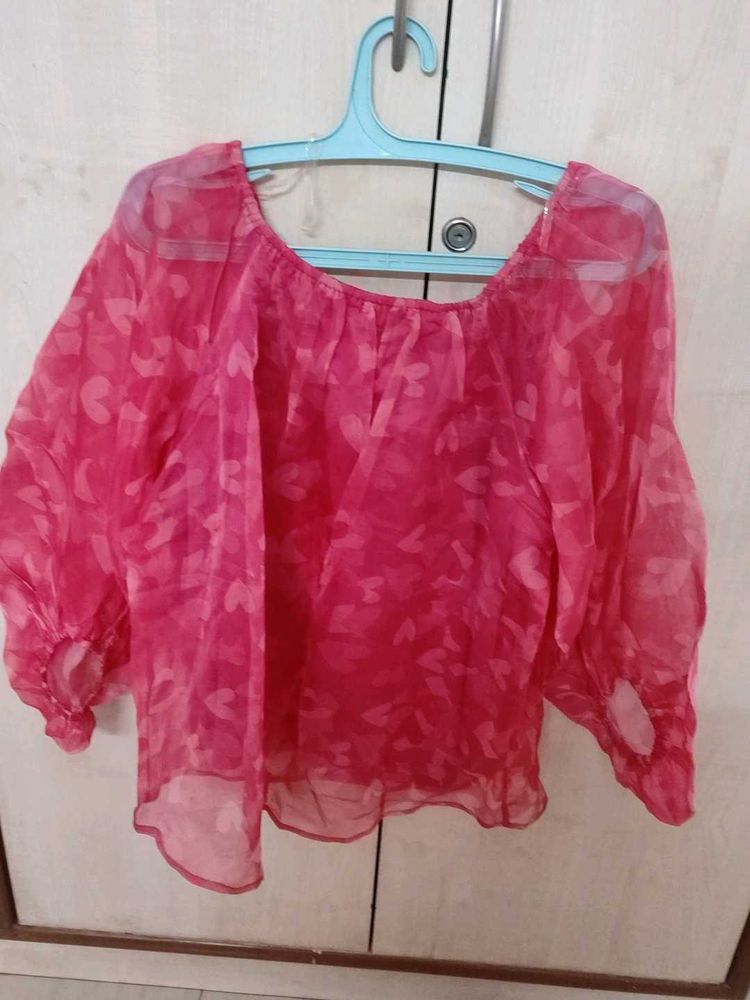 Chic Pink Heart Print Sheer Top