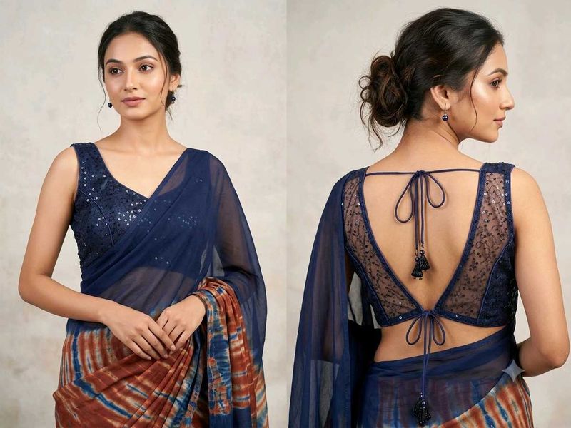 Stunning Navy Sequined Deep V-Neck Blouse