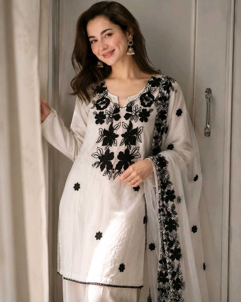 Elegant White Kurta with Black Embroidery