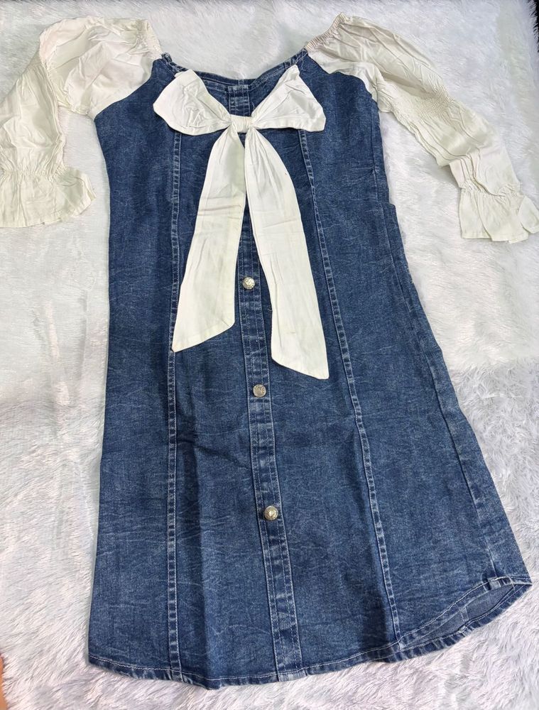 Denim Dress with White Bow