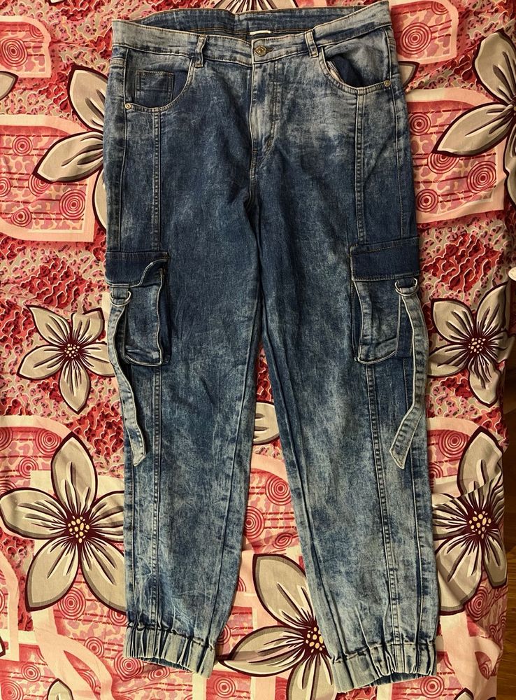 Trendy Acid Wash Cargo Jeans