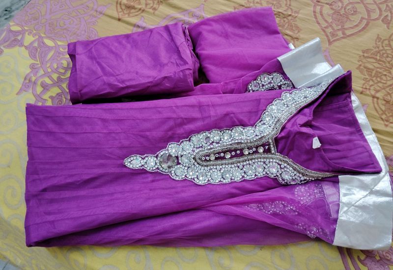 Beautiful Megenta Color Netted Anrkali Set