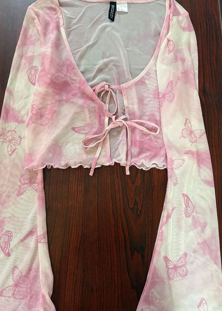 H&amp;M Sheer Butterfly Tie Front Top