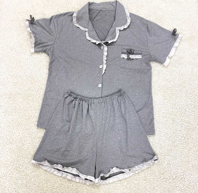 Bow details Grey Pajama Set