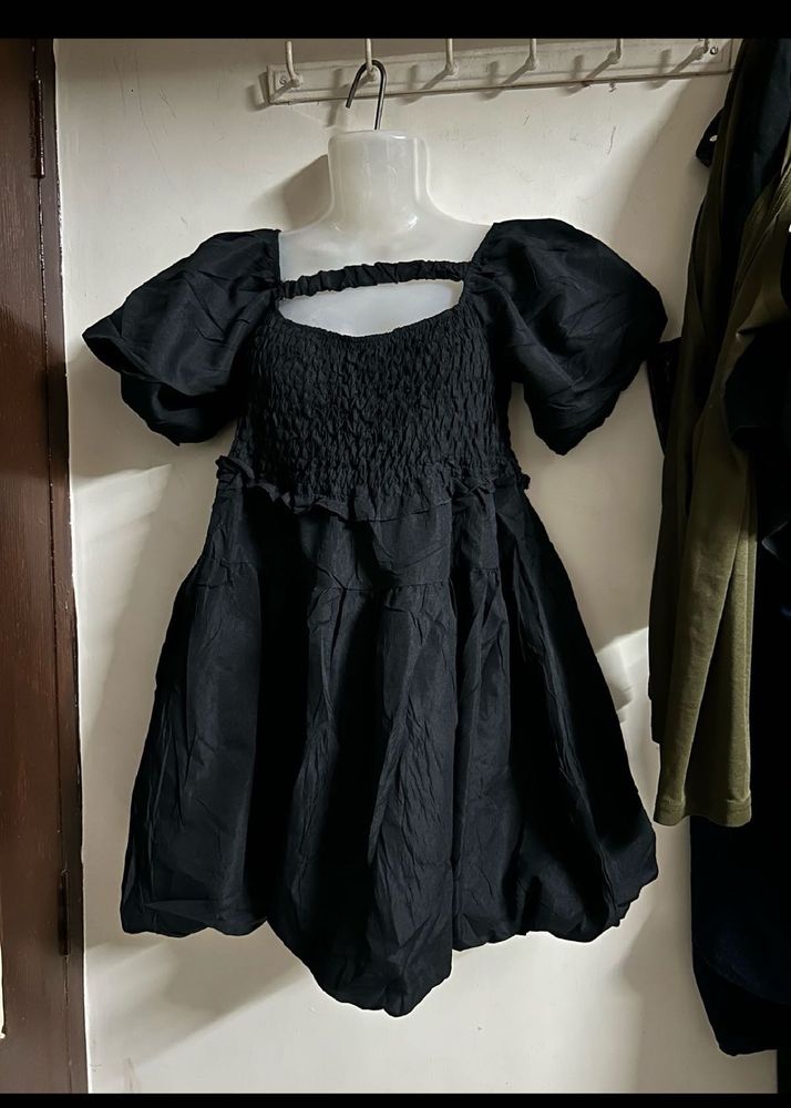 Black Puff Sleeve Smocked Dress