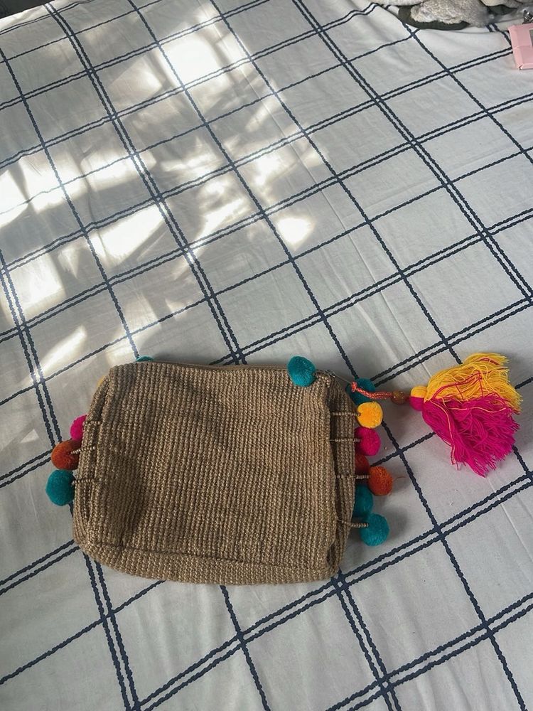 Cute Pom-Pom Jute Pouch