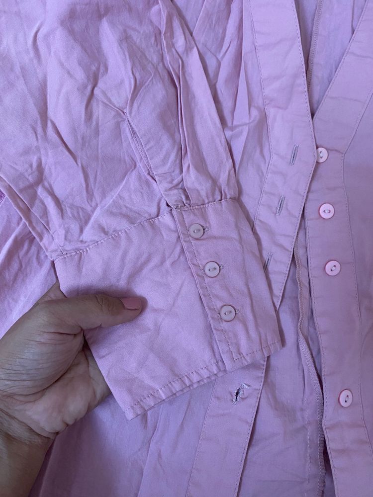 Pink Button-Down gathered shirt