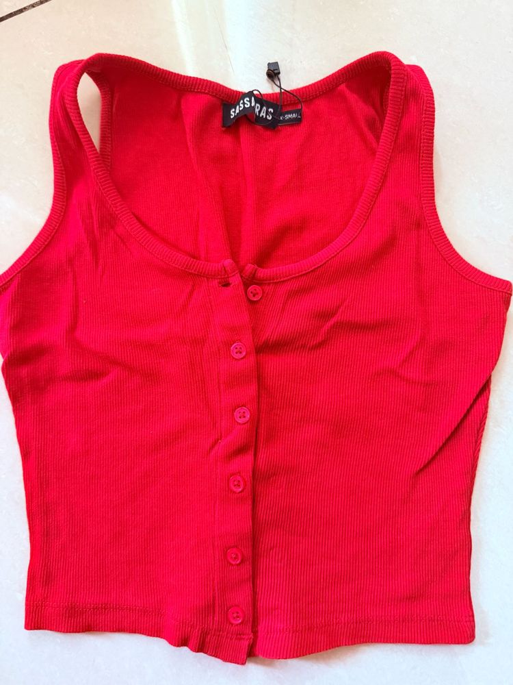 Red Ribbed Button-Up Tank Top