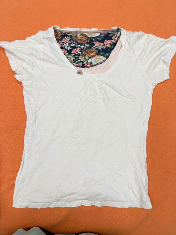 White Floral Print Layered T-Shirt