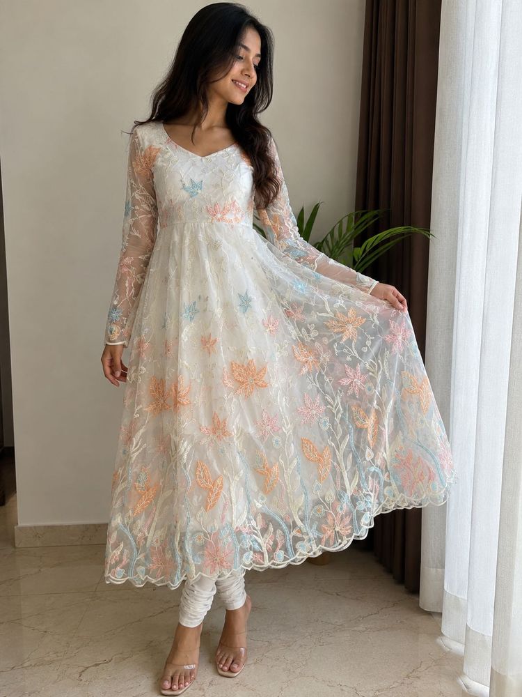 Elegant White Anarkali Gown with Beautiful Dupatta