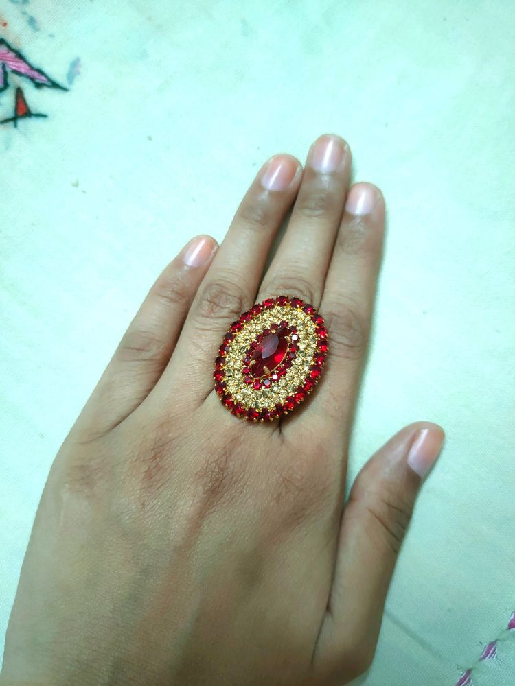 Red &amp; Golden Adjustable Ethnic Ring (Women's)