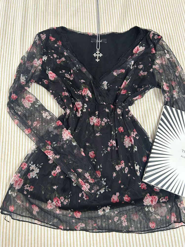 Sheer Floral Print Long Sleeve Top