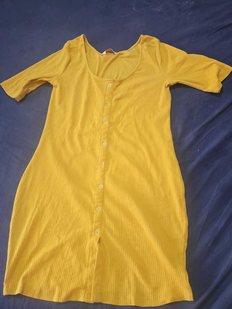 Yellow Button-Up Ribbed Dress