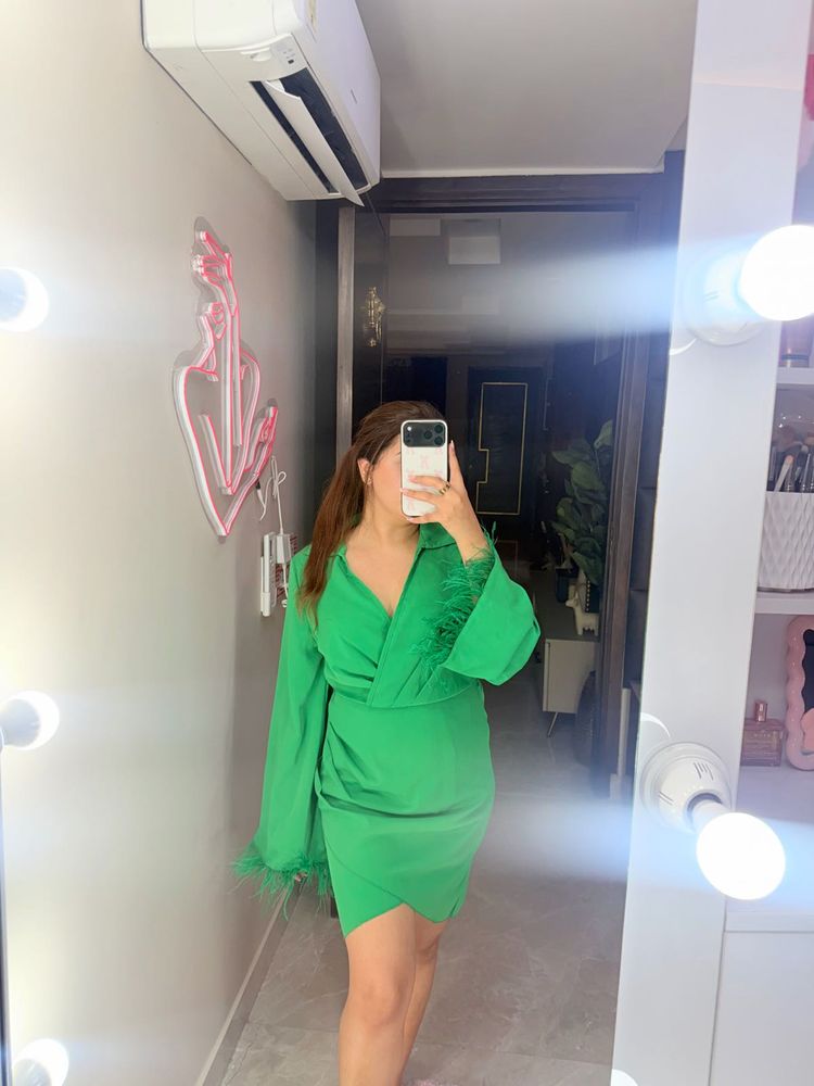 Green Feather Trim Wrap Dress BRAND NEW