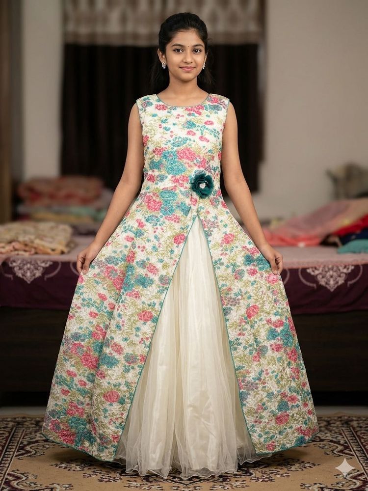 Floral Print Layered Gown for Girls