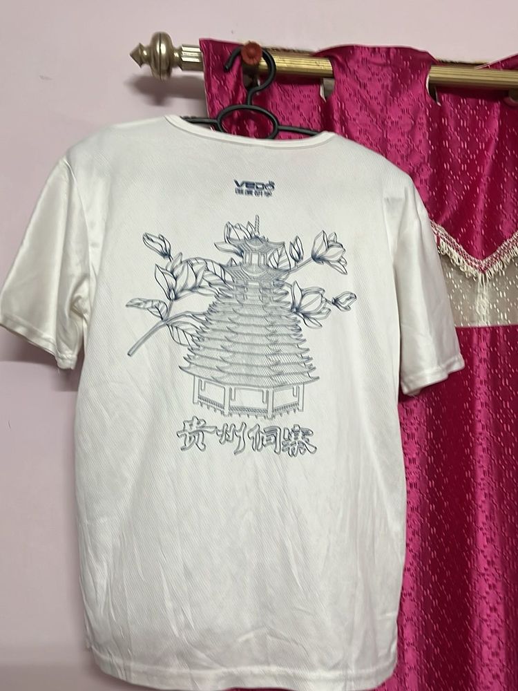 White Graphic T-Shirt with Pagoda Print