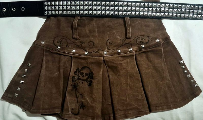 Grunge Studded Denim Pleated Miniskirt