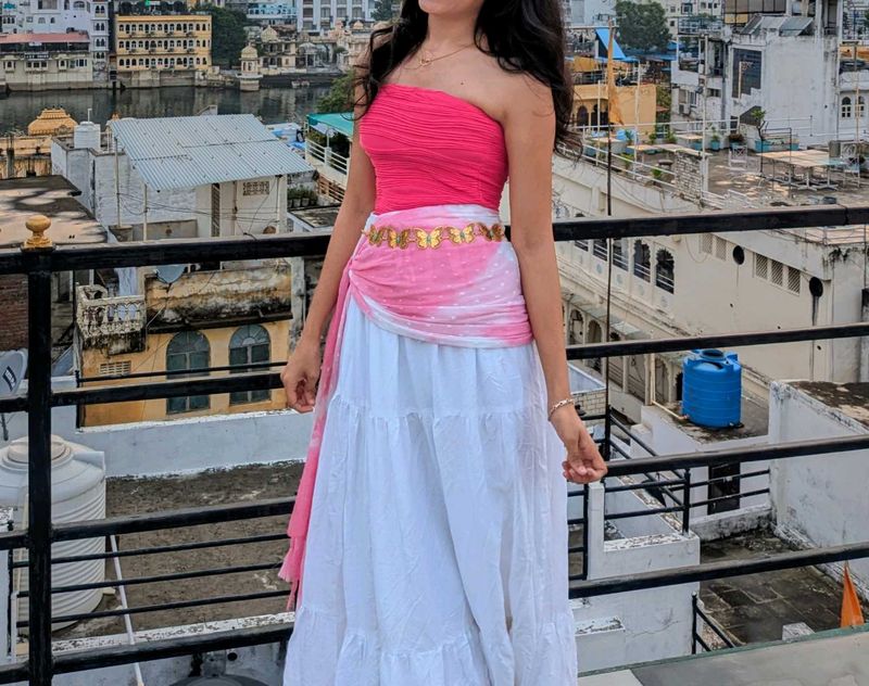 Pink &amp; White Tiered Lehenga Choli Set