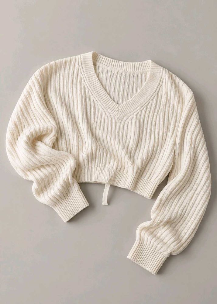 CREAM RIBBED V-NECK TIE-BACK CROPPED SWEATER