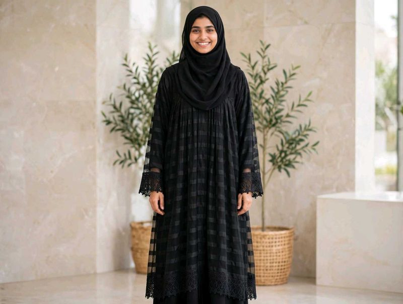 Elegant Black Abaya with Lace Detail