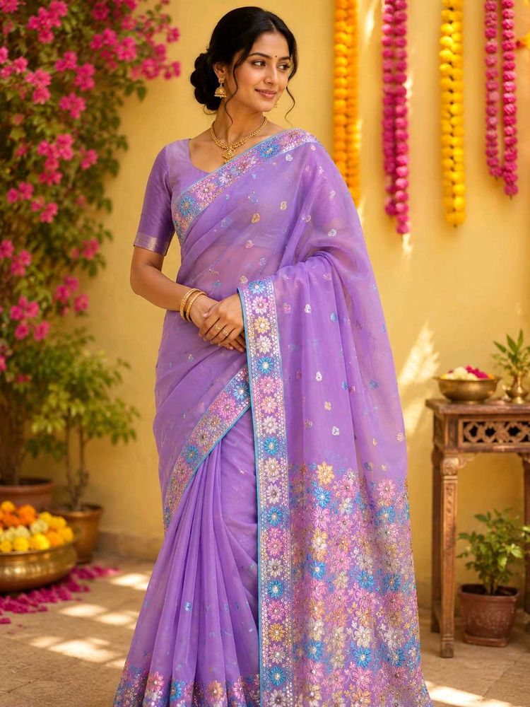 Elegant Lavender Embroidered Saree-only saree