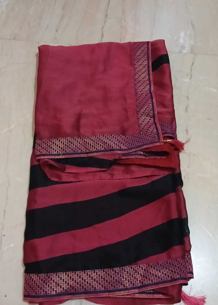 Stylish Maroon and Blue Striped Saree