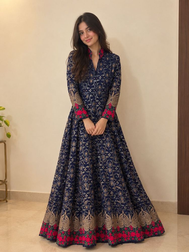 Elegant Navy Embroidered Gown.