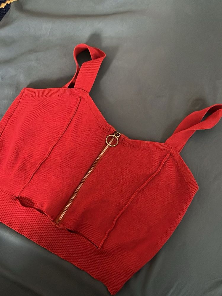 Red Zip-Up Knit Crop Top