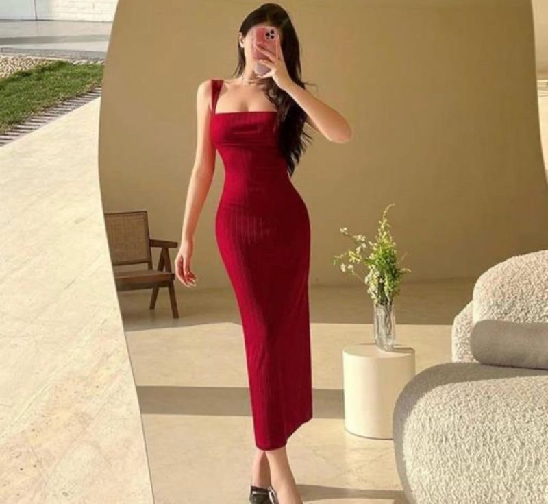 Elegant Red Bodycon Midi Dress