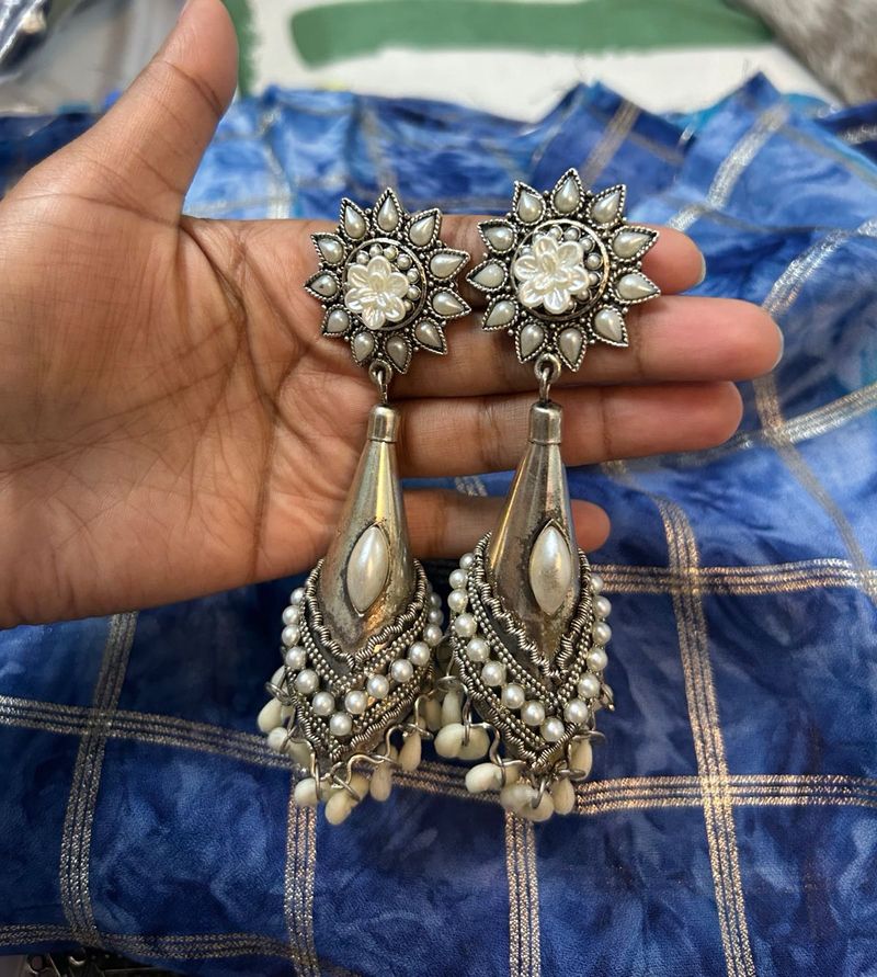 Oxidized Jhumka Earrings with Pearls