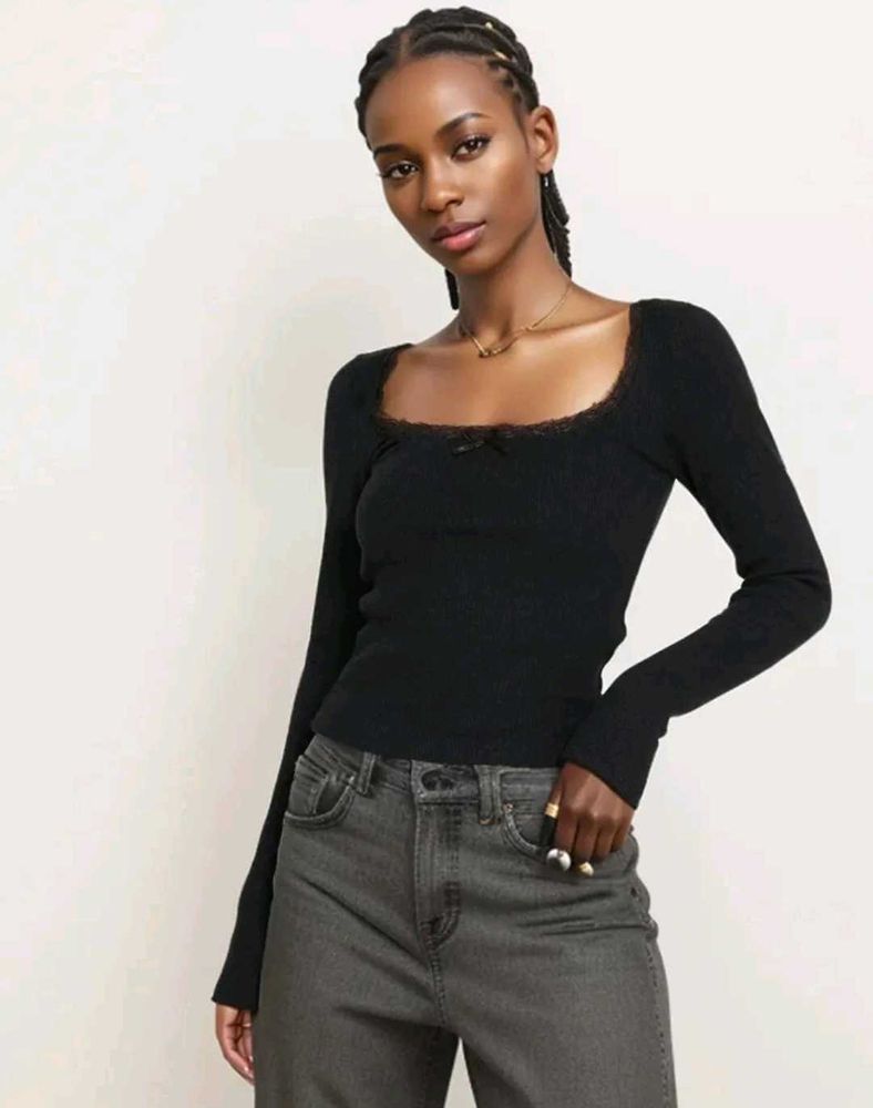 Cute Black Lace Trimmed Long Sleeve Top