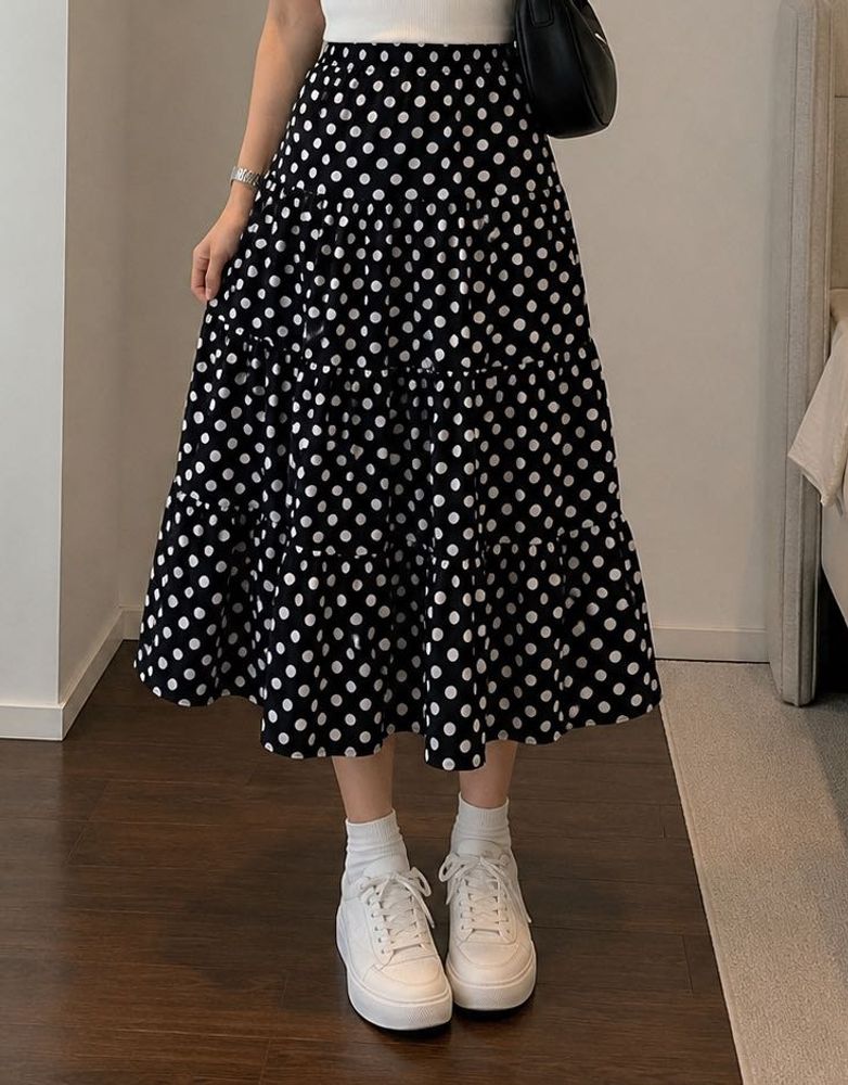 Polka Dot Tiered Midi Skirt