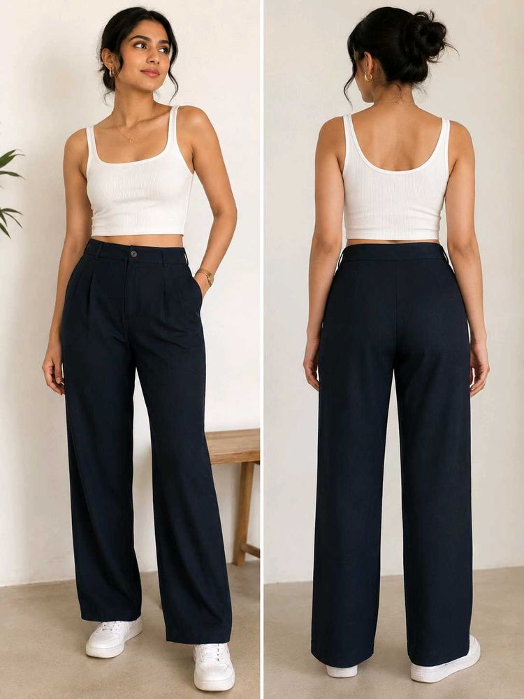 High Waisted Wide Leg Navy Trousers