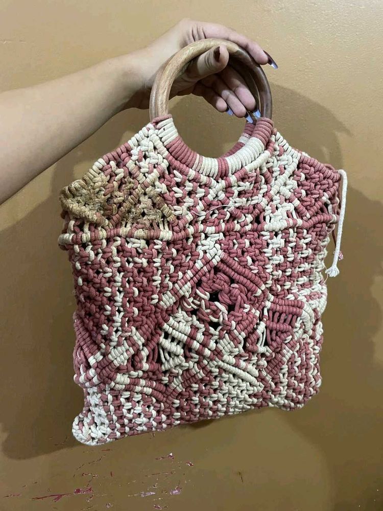 Boho Macrame Tote Bag with Wooden Handles