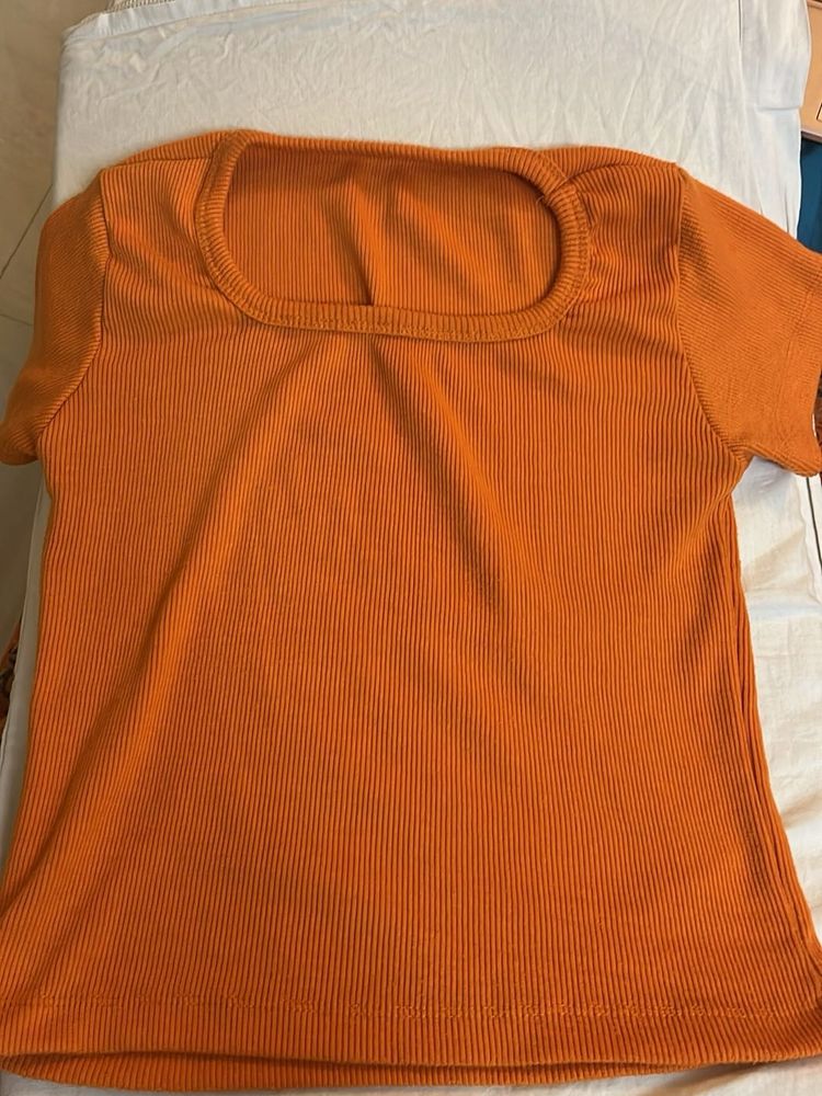 Ribbed Orange Square Neck Top