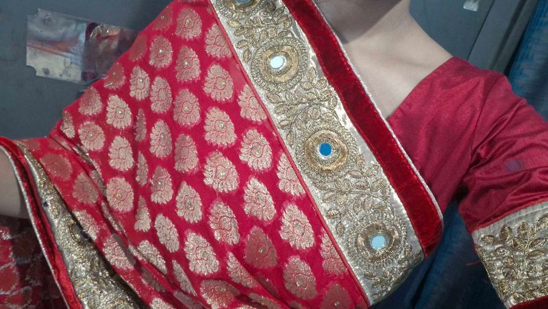 Red Embroidered Sadar Mekhela Saree