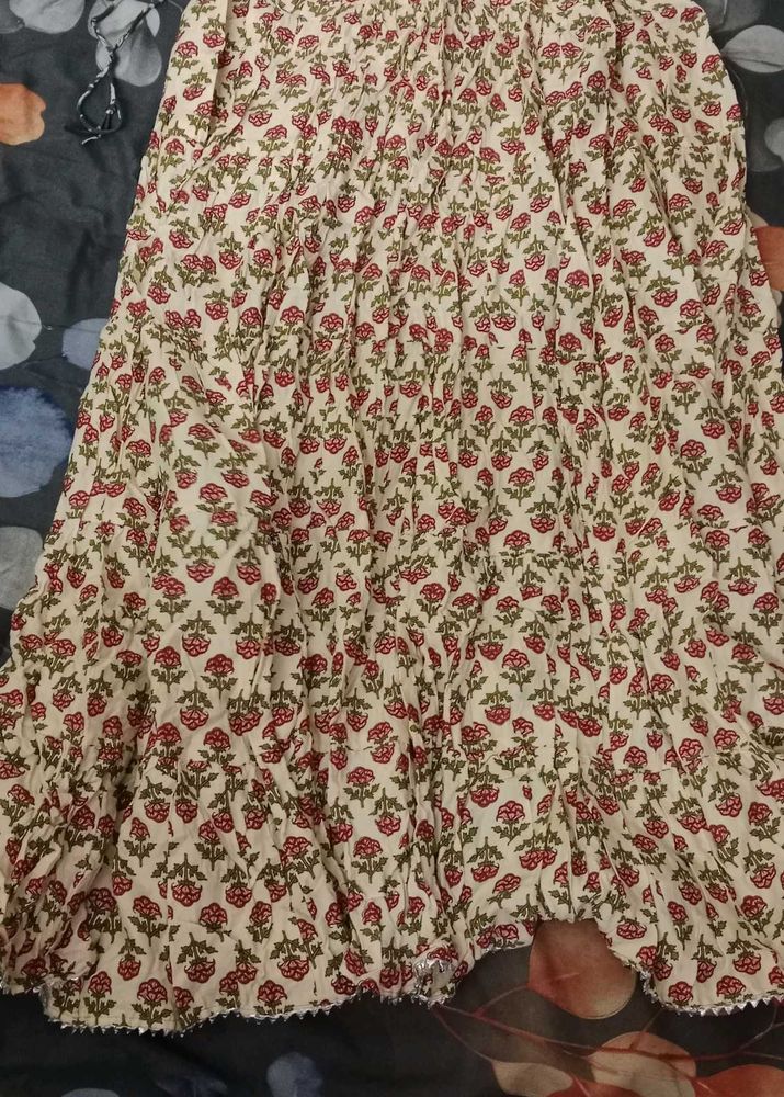 Cream Floral Print Ethnic Skirt