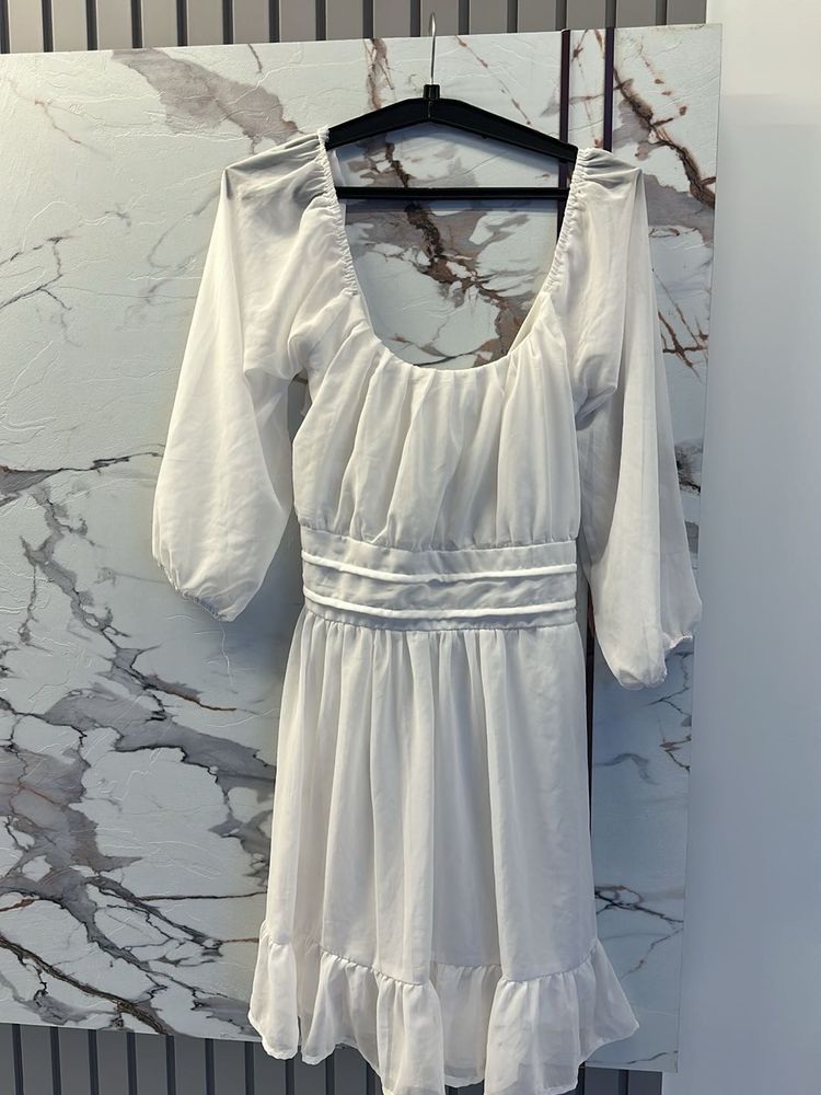 Chic White Puff Sleeve Mini Dress, Bust-34